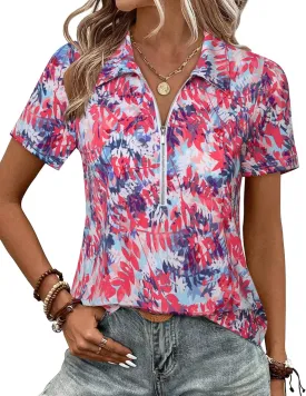 Vivilli Women's Polo Shirts Zipper Short Sleeve Business Casual Work Tops Summer Solid/Floral for Office,Golf& Vacation