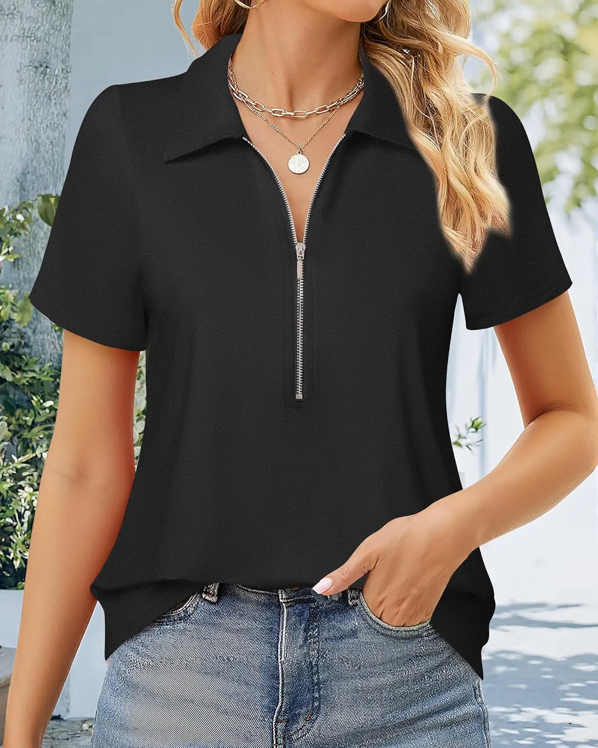 Vivilli Women's Polo Shirts Zipper Short Sleeve Business Casual Work Tops Summer Solid/Floral for Office,Golf& Vacation