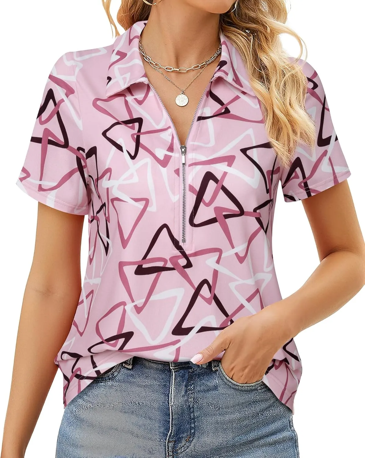 Vivilli Women's Polo Shirts Zipper Short Sleeve Business Casual Work Tops Summer Solid/Floral for Office,Golf& Vacation