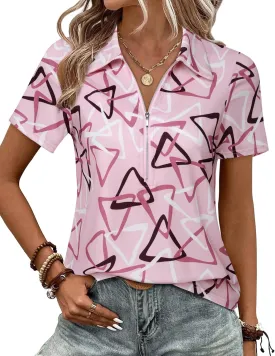 Vivilli Women's Polo Shirts Zipper Short Sleeve Business Casual Work Tops Summer Solid/Floral for Office,Golf& Vacation