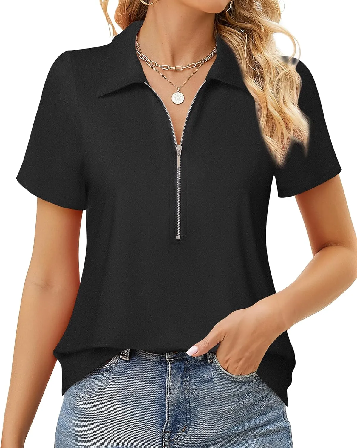 Vivilli Women's Polo Shirts Zipper Short Sleeve Business Casual Work Tops Summer Solid/Floral for Office,Golf& Vacation