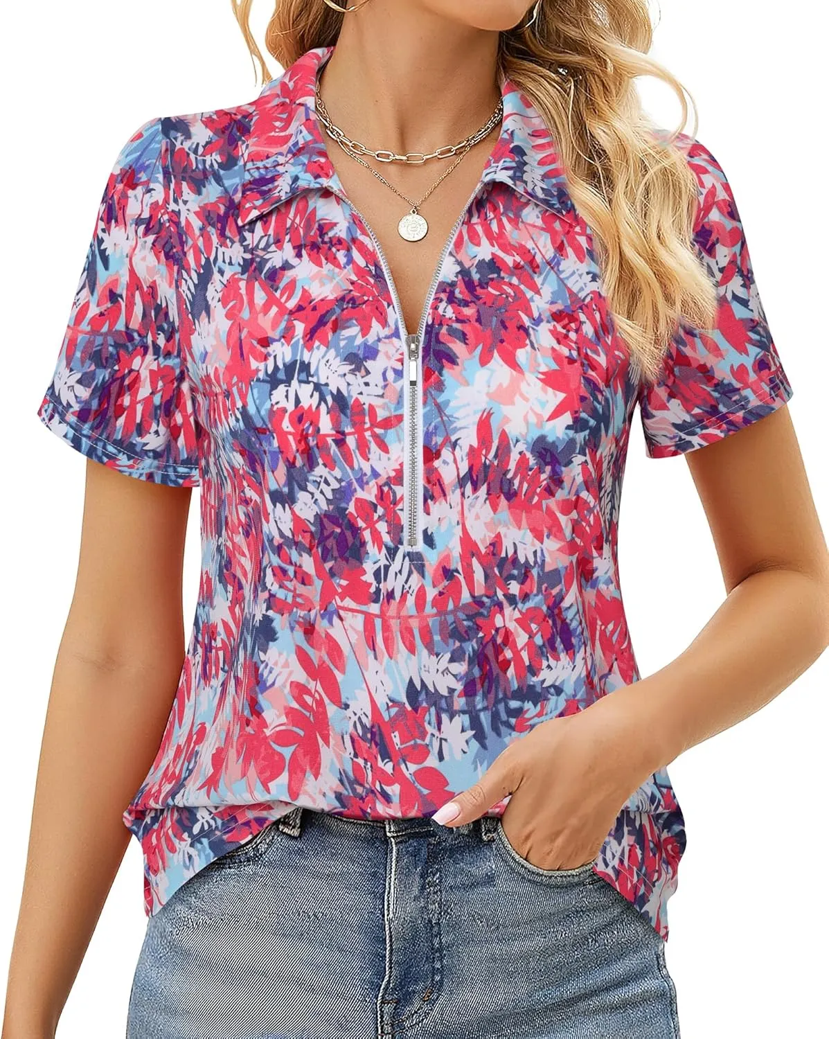 Vivilli Women's Polo Shirts Zipper Short Sleeve Business Casual Work Tops Summer Solid/Floral for Office,Golf& Vacation