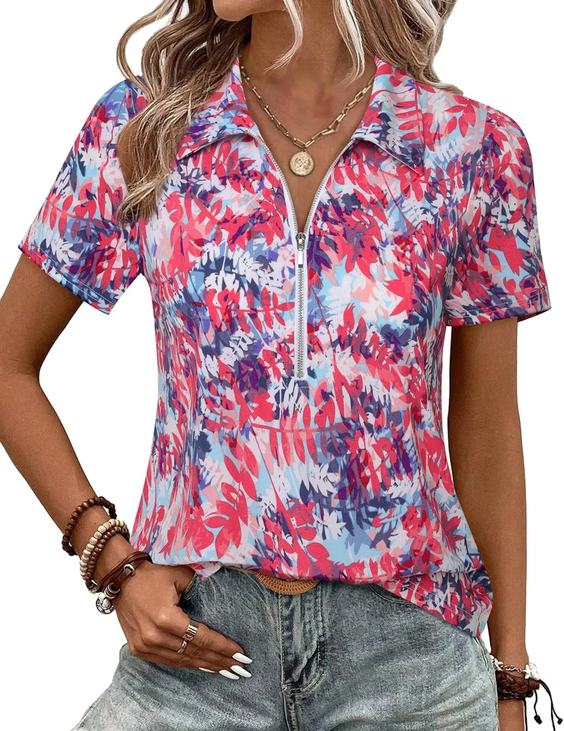Vivilli Women's Polo Shirts Zipper Short Sleeve Business Casual Work Tops Summer Solid/Floral for Office,Golf& Vacation