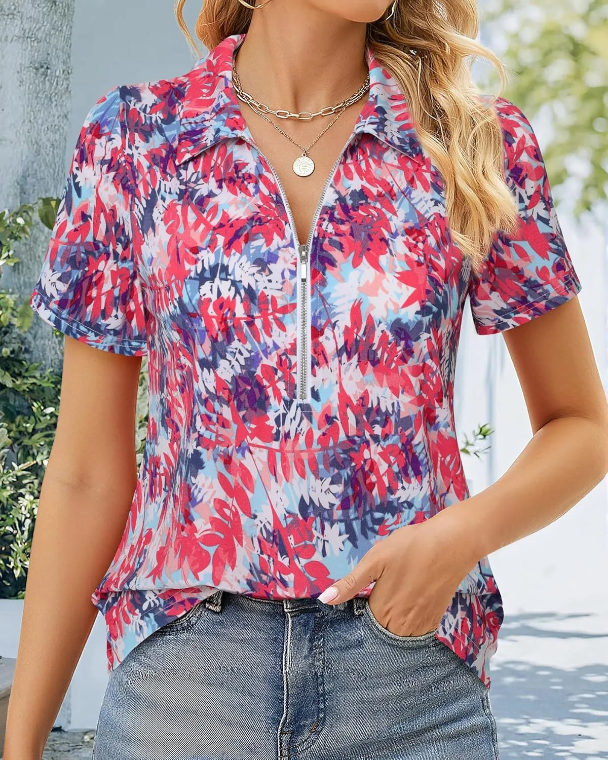 Vivilli Women's Polo Shirts Zipper Short Sleeve Business Casual Work Tops Summer Solid/Floral for Office,Golf& Vacation