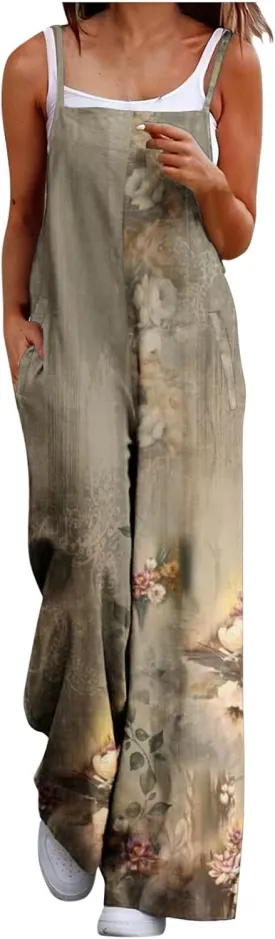 Wide Leg Jumpsuits for Women Boho Floral Overalls Casual 2025 Summer Adjustable Straps Bib Pants Romper with Pockets