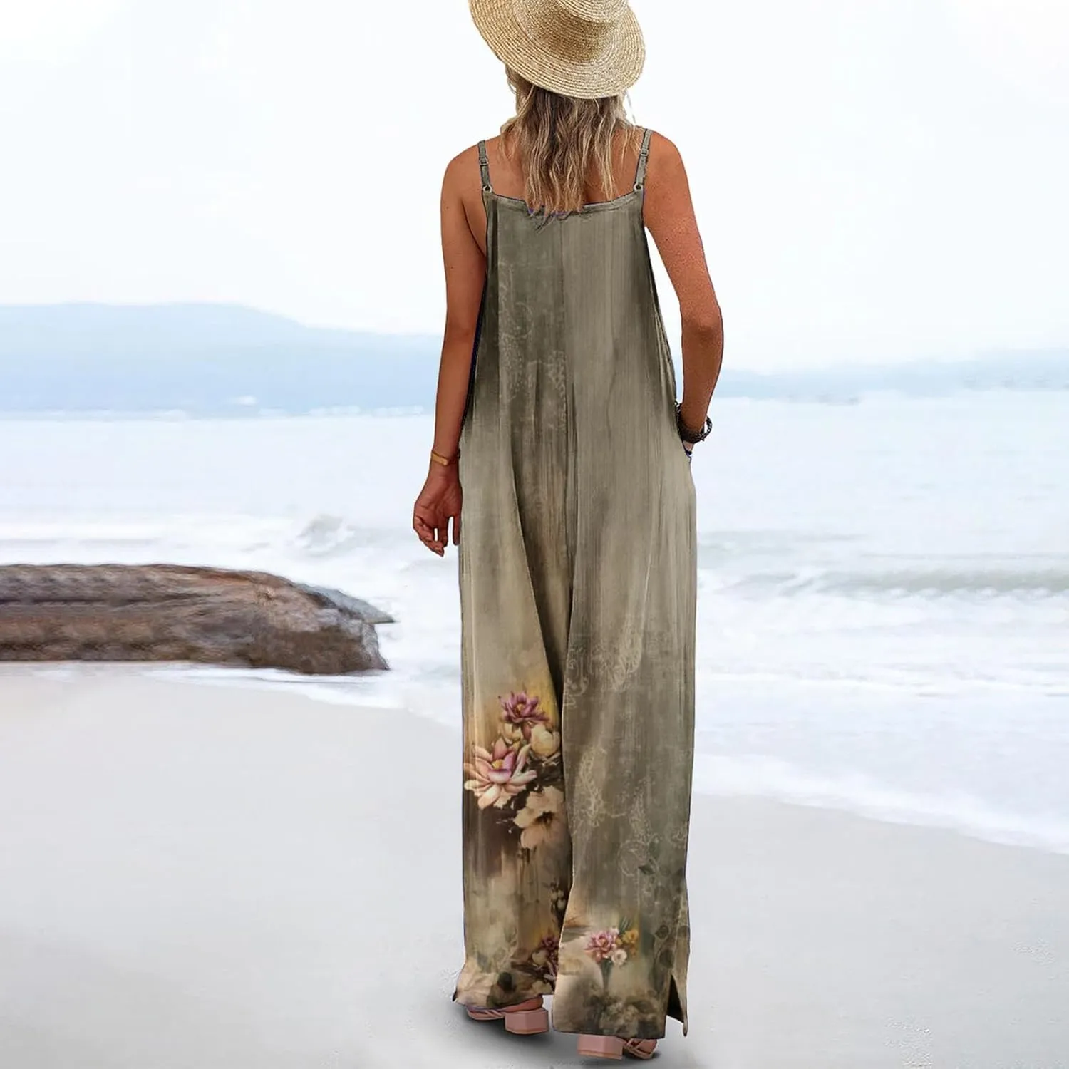 Wide Leg Jumpsuits for Women Boho Floral Overalls Casual 2025 Summer Adjustable Straps Bib Pants Romper with Pockets