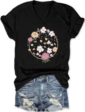 Wildflowers V Neck Shirt Women Boho Floral Flowers Graphic Tee Casual Cottagecore Short Sleeve T Shirt