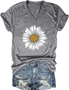 Wildflowers V Neck Shirt Women Boho Floral Flowers Graphic Tee Casual Cottagecore Short Sleeve T Shirt