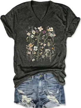 Wildflowers V Neck Shirt Women Boho Floral Flowers Graphic Tee Casual Cottagecore Short Sleeve T Shirt
