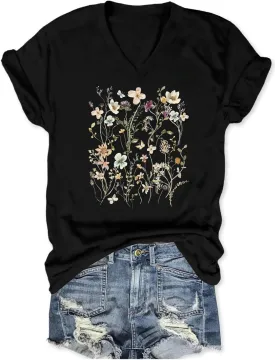Wildflowers V Neck Shirt Women Boho Floral Flowers Graphic Tee Casual Cottagecore Short Sleeve T Shirt