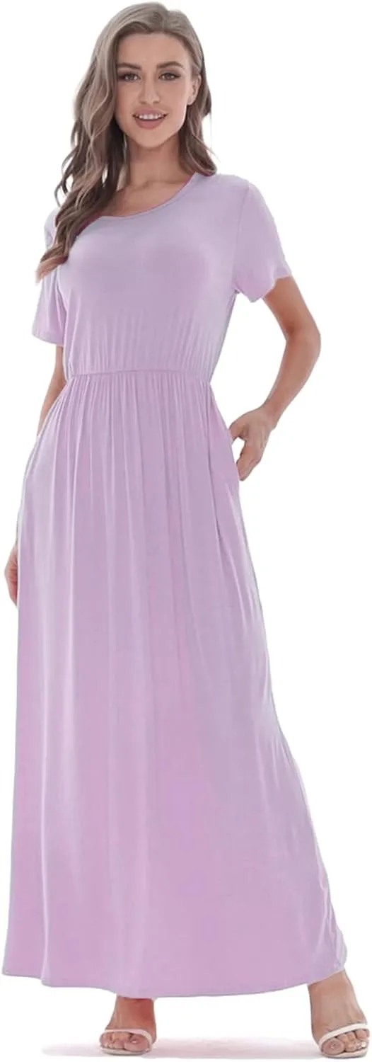 Women 2025 Summer Short Sleeve Long Casual Empire High Waist Maxi Dress with Pockets