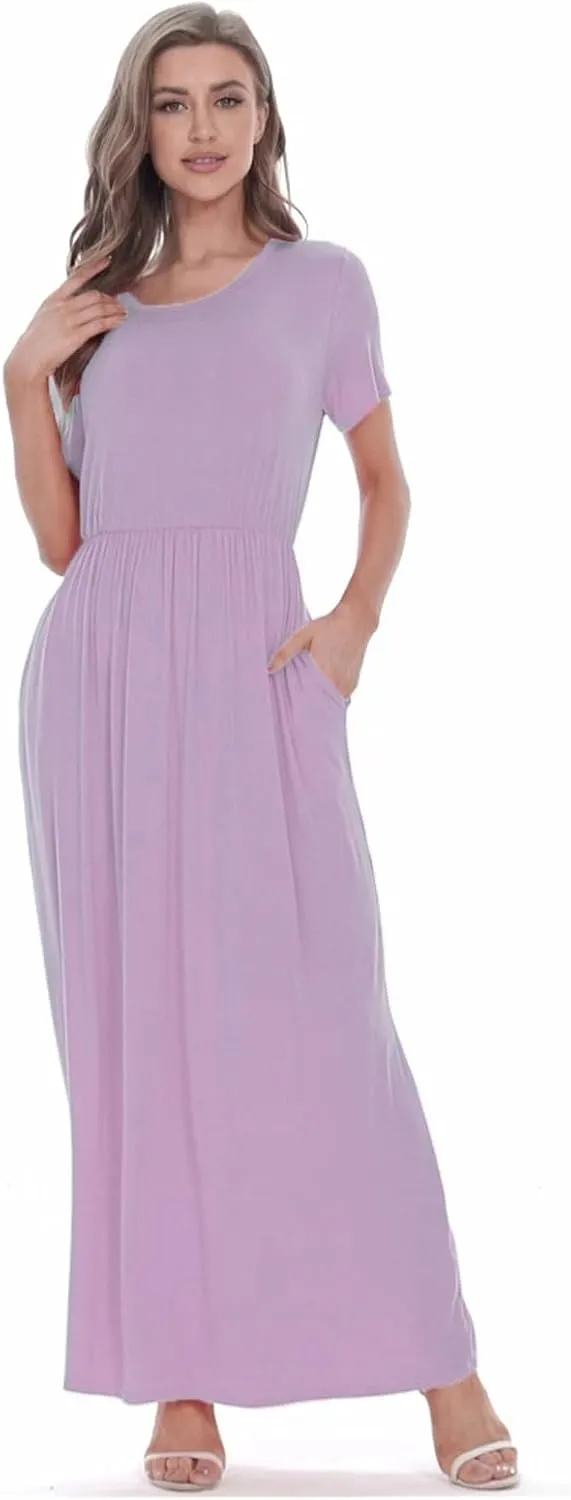 Women 2025 Summer Short Sleeve Long Casual Empire High Waist Maxi Dress with Pockets