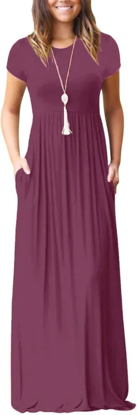 Women 2025 Summer Short Sleeve Long Casual Empire High Waist Maxi Dress with Pockets