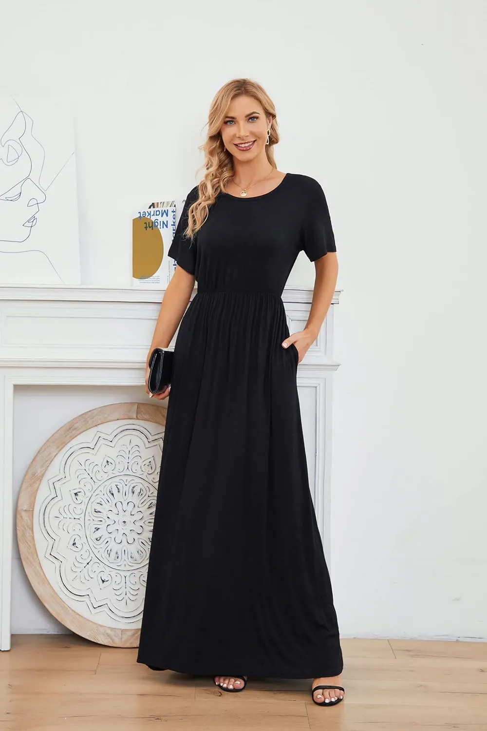Women 2025 Summer Short Sleeve Long Casual Empire High Waist Maxi Dress with Pockets