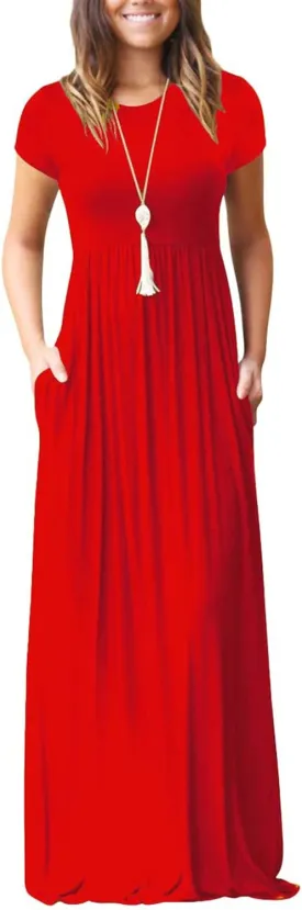 Women 2025 Summer Short Sleeve Long Casual Empire High Waist Maxi Dress with Pockets