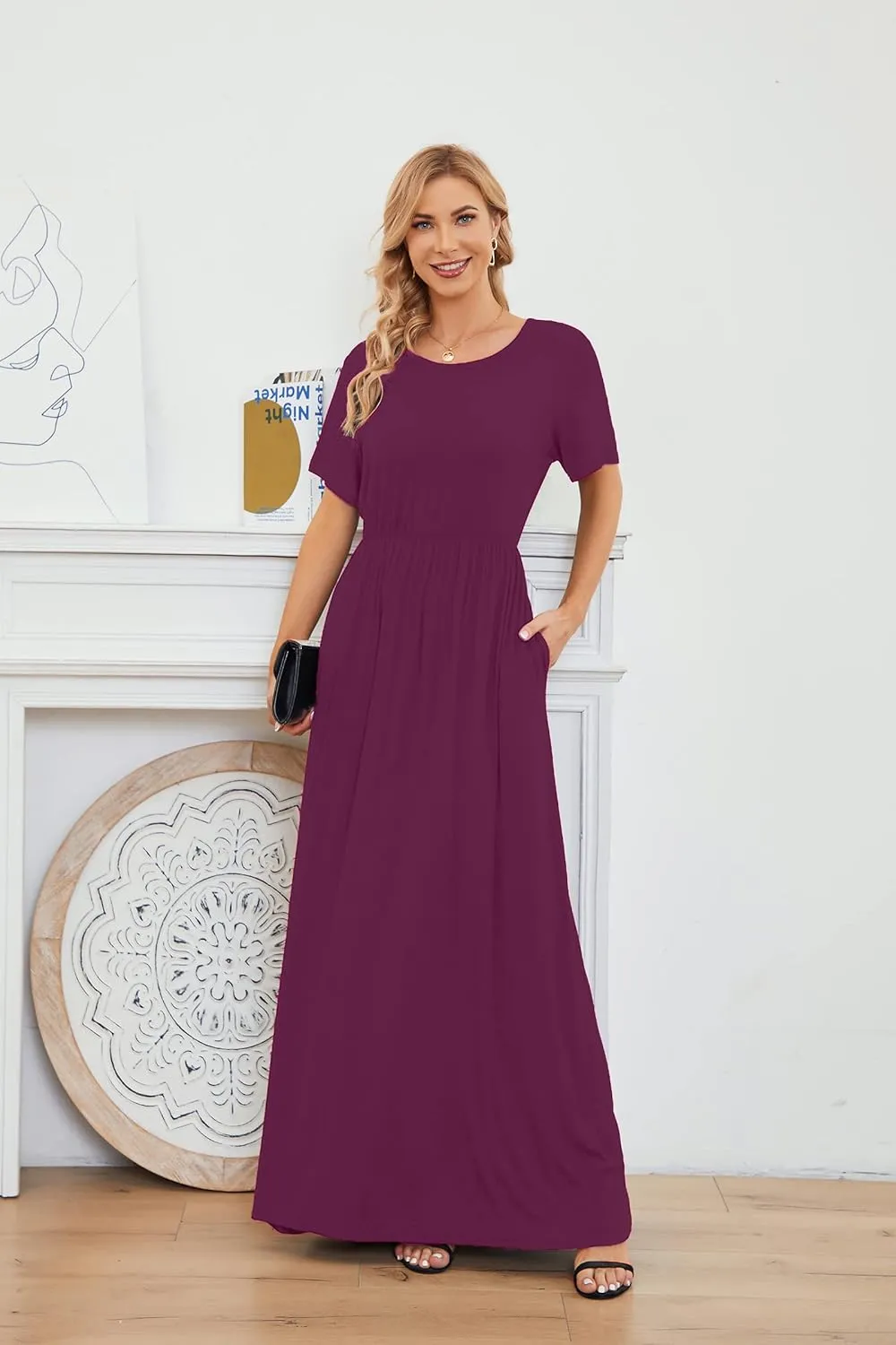 Women 2025 Summer Short Sleeve Long Casual Empire High Waist Maxi Dress with Pockets