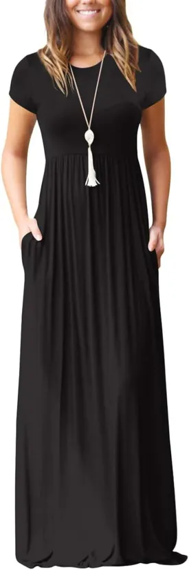 Women 2025 Summer Short Sleeve Long Casual Empire High Waist Maxi Dress with Pockets