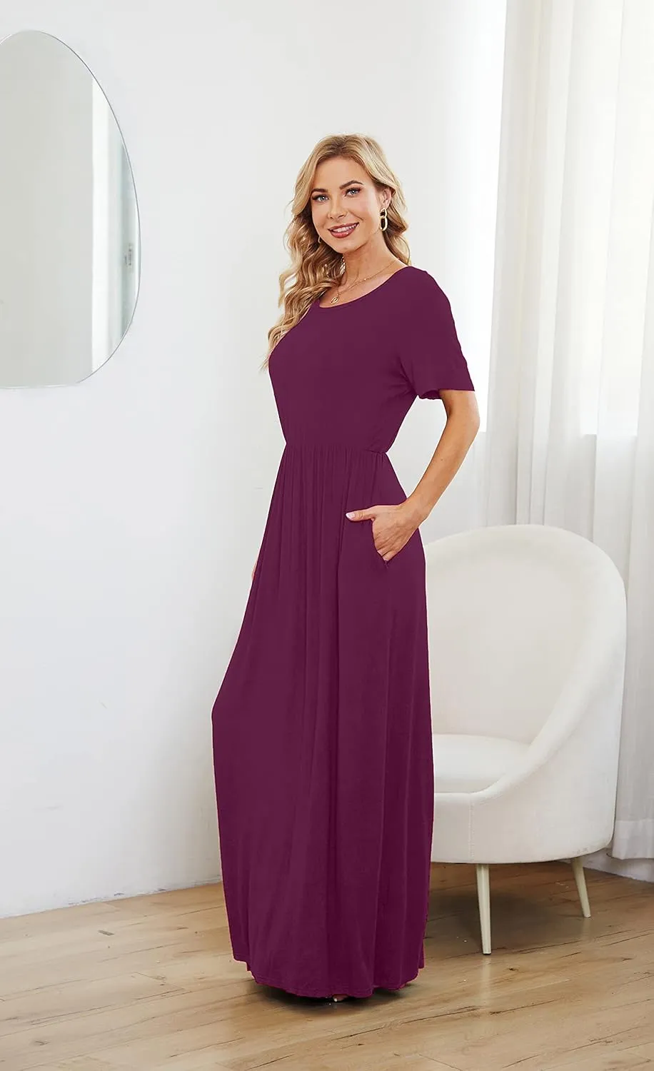 Women 2025 Summer Short Sleeve Long Casual Empire High Waist Maxi Dress with Pockets