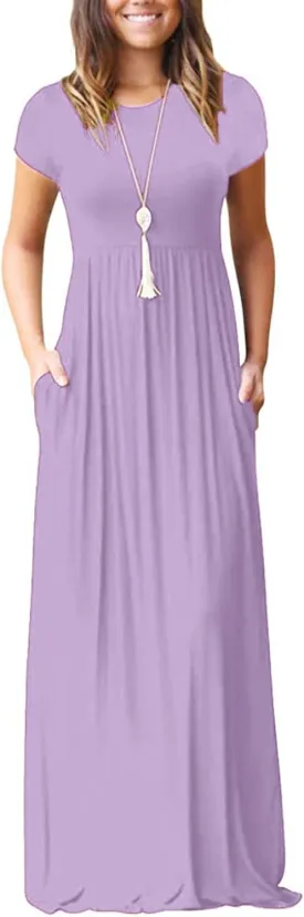 Women 2025 Summer Short Sleeve Long Casual Empire High Waist Maxi Dress with Pockets