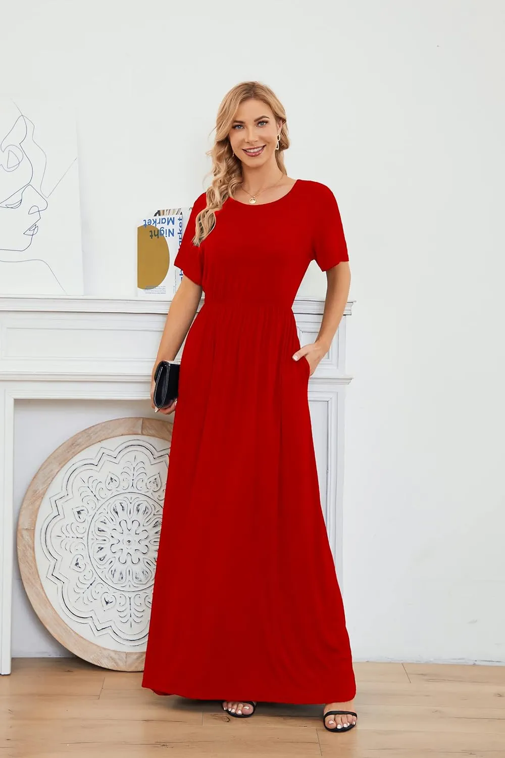 Women 2025 Summer Short Sleeve Long Casual Empire High Waist Maxi Dress with Pockets