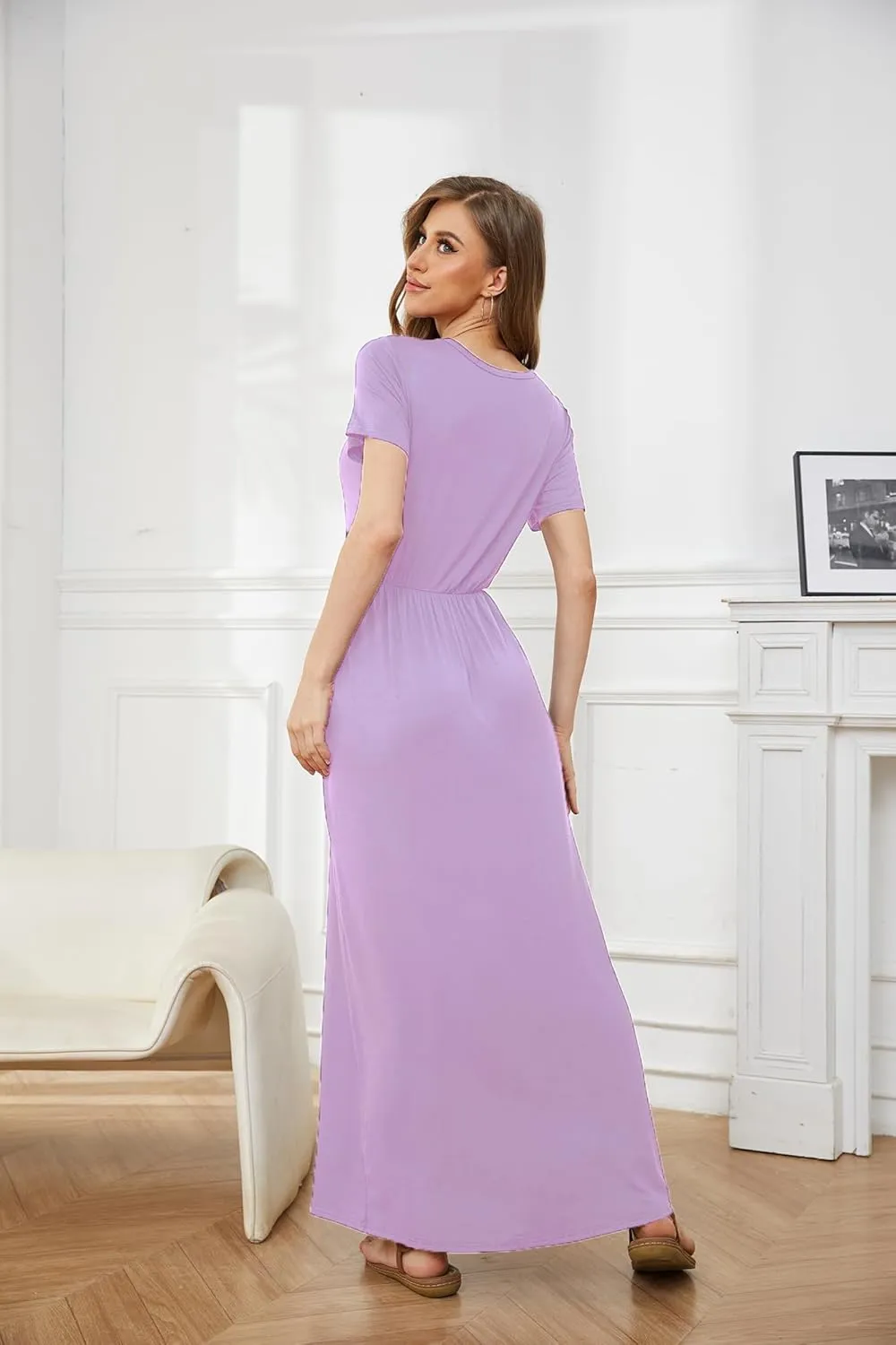 Women 2025 Summer Short Sleeve Long Casual Empire High Waist Maxi Dress with Pockets