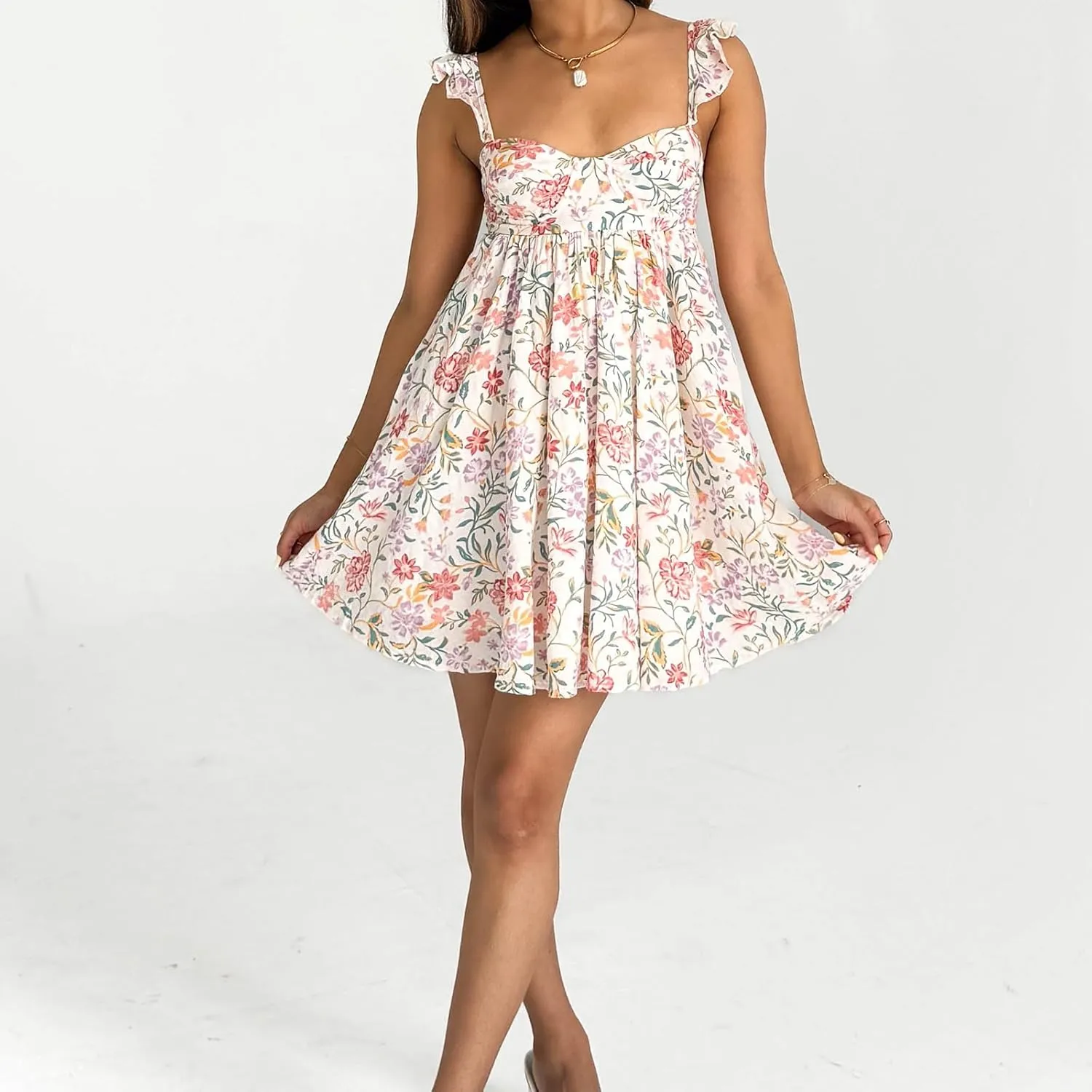 Women Halter Ruffle Dresses Sleeveless Backless Floral Print A-line Dress High Waist Square Neck Sundress