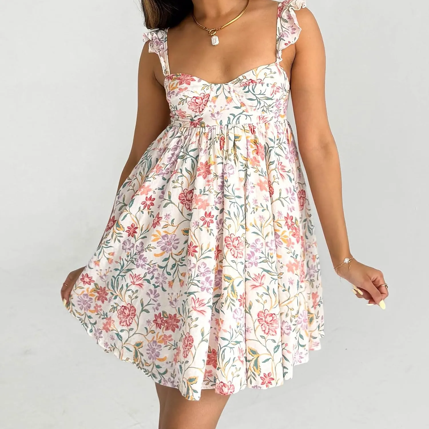 Women Halter Ruffle Dresses Sleeveless Backless Floral Print A-line Dress High Waist Square Neck Sundress