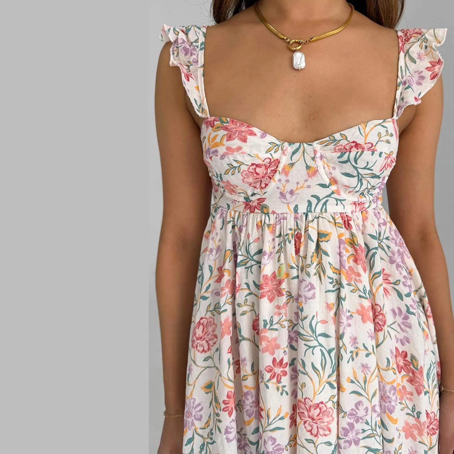 Women Halter Ruffle Dresses Sleeveless Backless Floral Print A-line Dress High Waist Square Neck Sundress