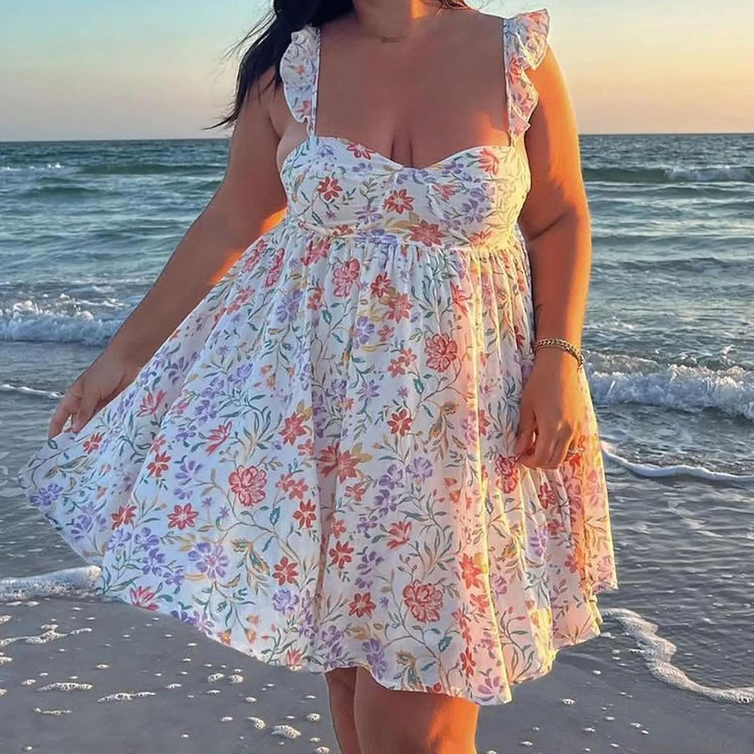 Women Halter Ruffle Dresses Sleeveless Backless Floral Print A-line Dress High Waist Square Neck Sundress