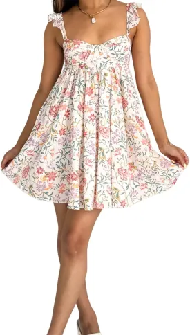 Women Halter Ruffle Dresses Sleeveless Backless Floral Print A-line Dress High Waist Square Neck Sundress