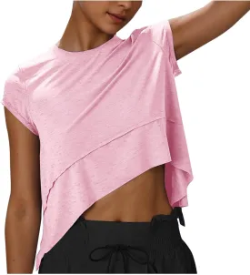 Women's Athletic T-Shirts Fashion Irregular Hem Crewneck Cap Sleeve Cropped Tops Lightweight Breathable Yoga Gym Tees