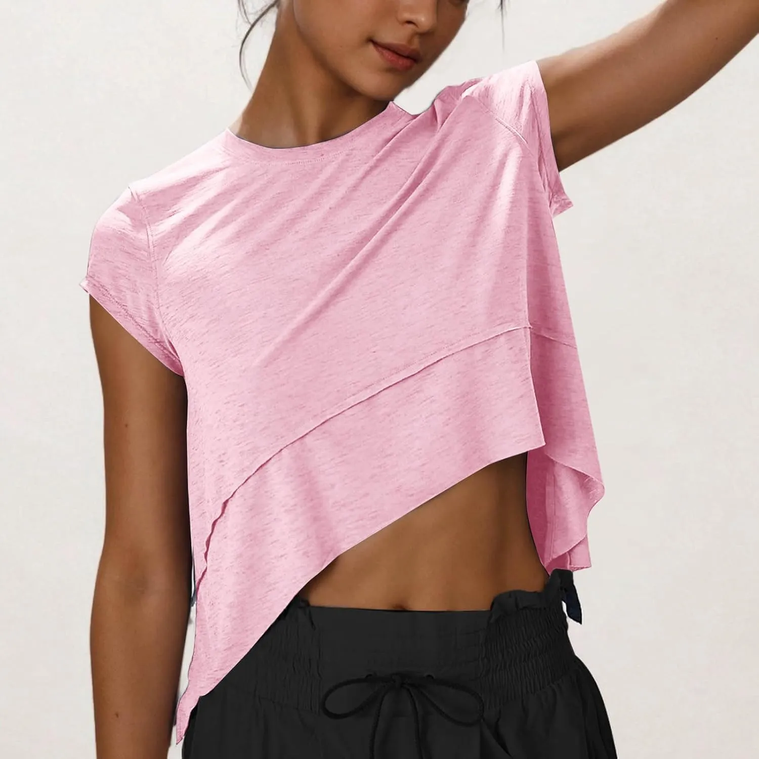 Women's Athletic T-Shirts Fashion Irregular Hem Crewneck Cap Sleeve Cropped Tops Lightweight Breathable Yoga Gym Tees