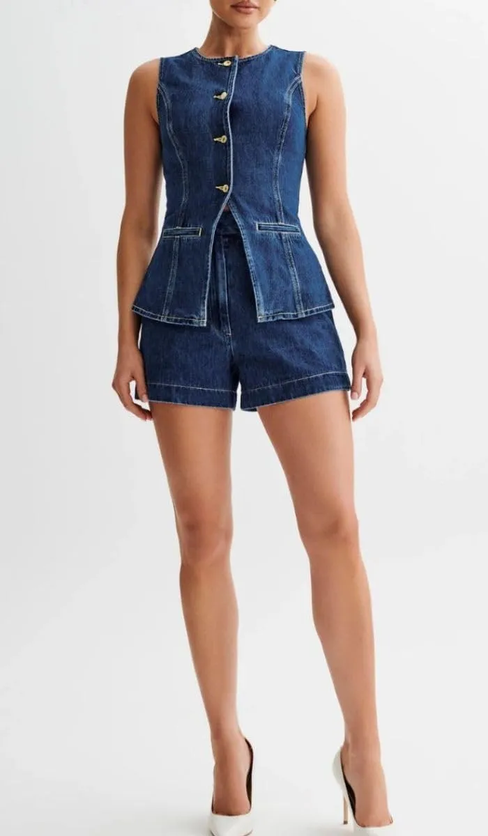 Women's Denim 2 Piece Set Casual Business Sleeveless Jean Blazer Vest Tops and Shorts Outfit Tracksuits