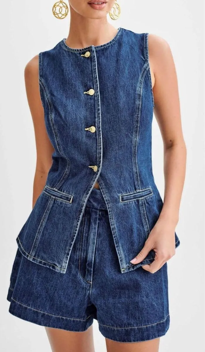 Women's Denim 2 Piece Set Casual Business Sleeveless Jean Blazer Vest Tops and Shorts Outfit Tracksuits
