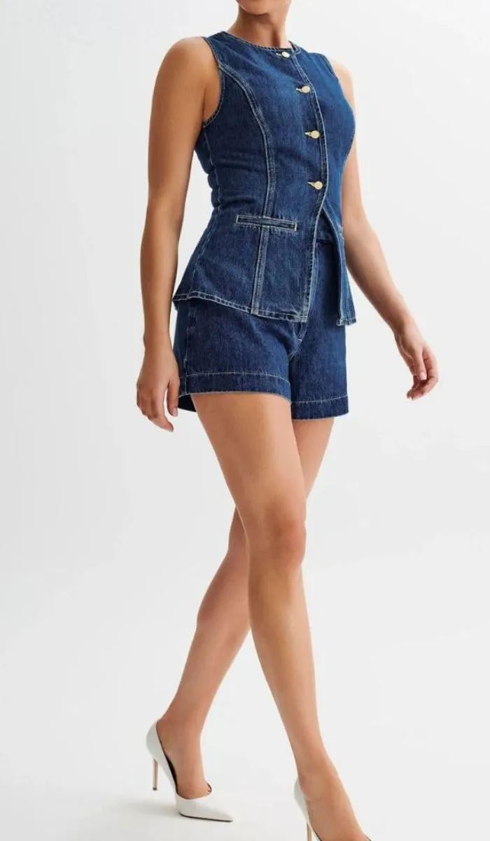 Women's Denim 2 Piece Set Casual Business Sleeveless Jean Blazer Vest Tops and Shorts Outfit Tracksuits