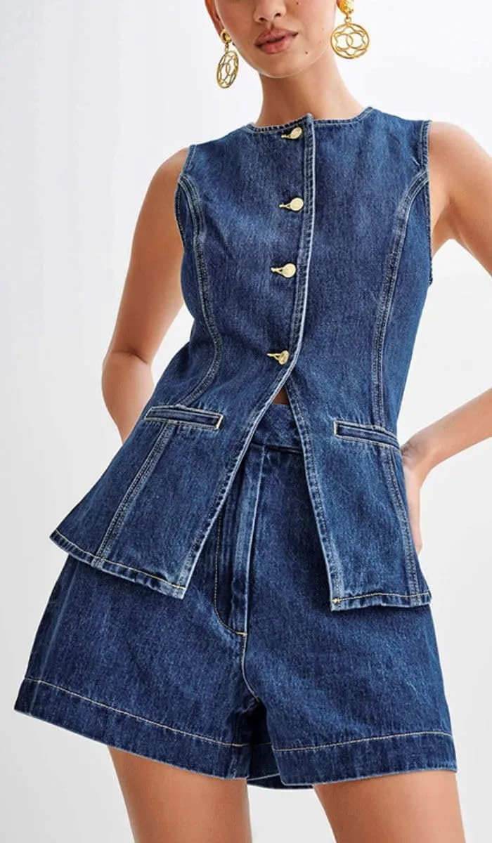 Women's Denim 2 Piece Set Casual Business Sleeveless Jean Blazer Vest Tops and Shorts Outfit Tracksuits
