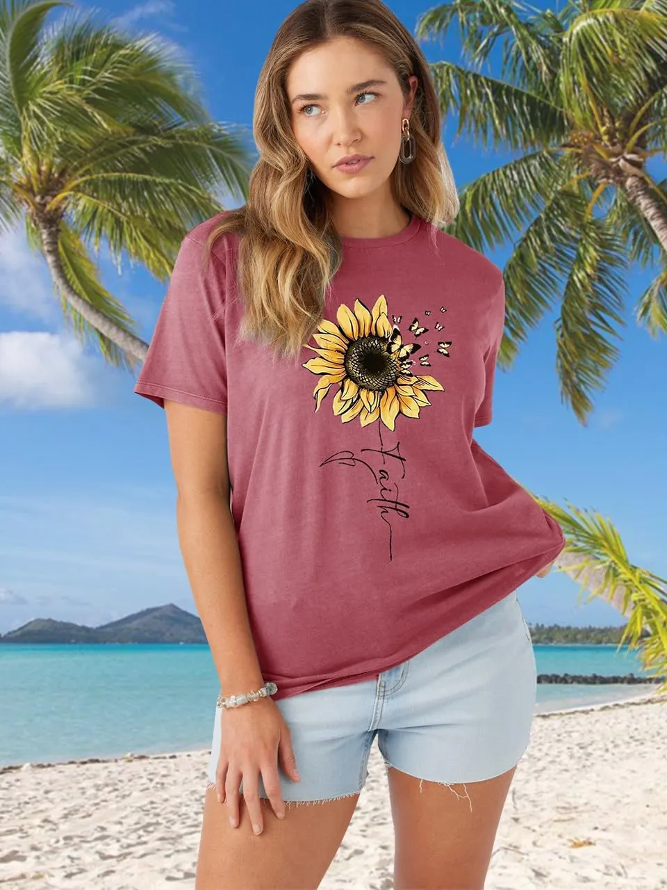 Womens Graphic Tee Shirts Casual Summer Beach Shirt Cute Wildflowers Dandelion Flower Tshirt