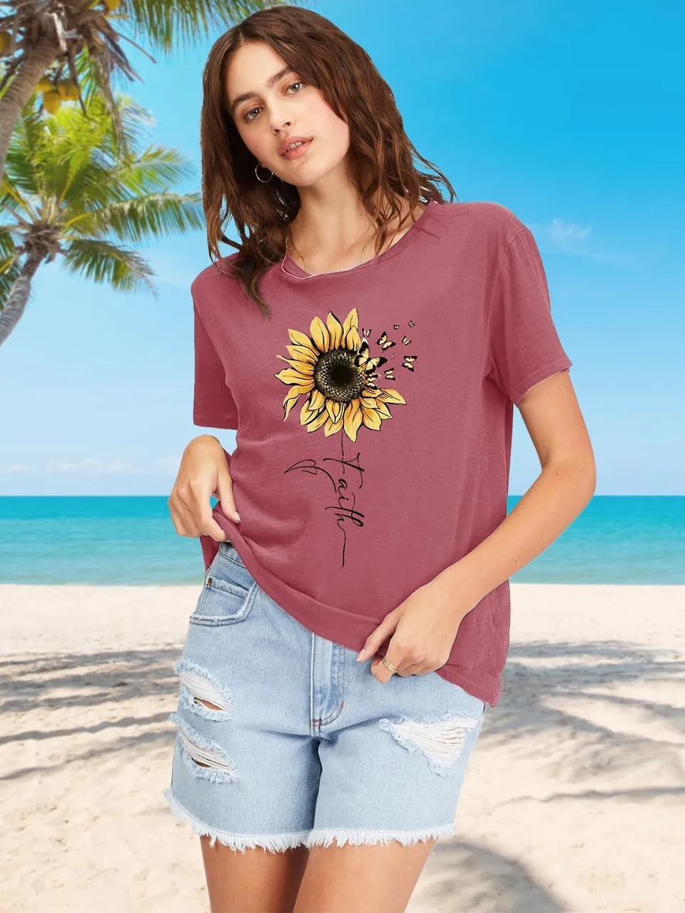 Womens Graphic Tee Shirts Casual Summer Beach Shirt Cute Wildflowers Dandelion Flower Tshirt