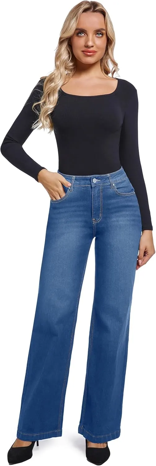 Women's Jeans Straight Leg Casual High Waisted Stretch Trendy Black Pull On Jeans for Women