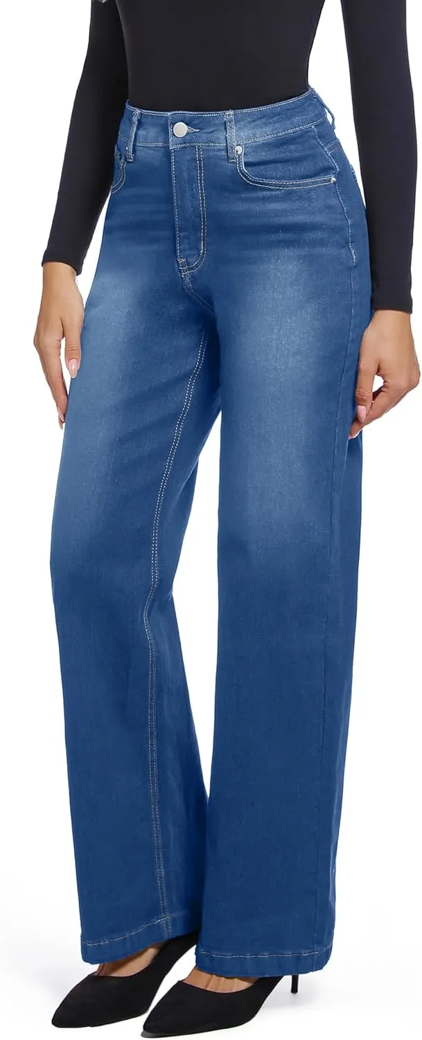 Women's Jeans Straight Leg Casual High Waisted Stretch Trendy Black Pull On Jeans for Women