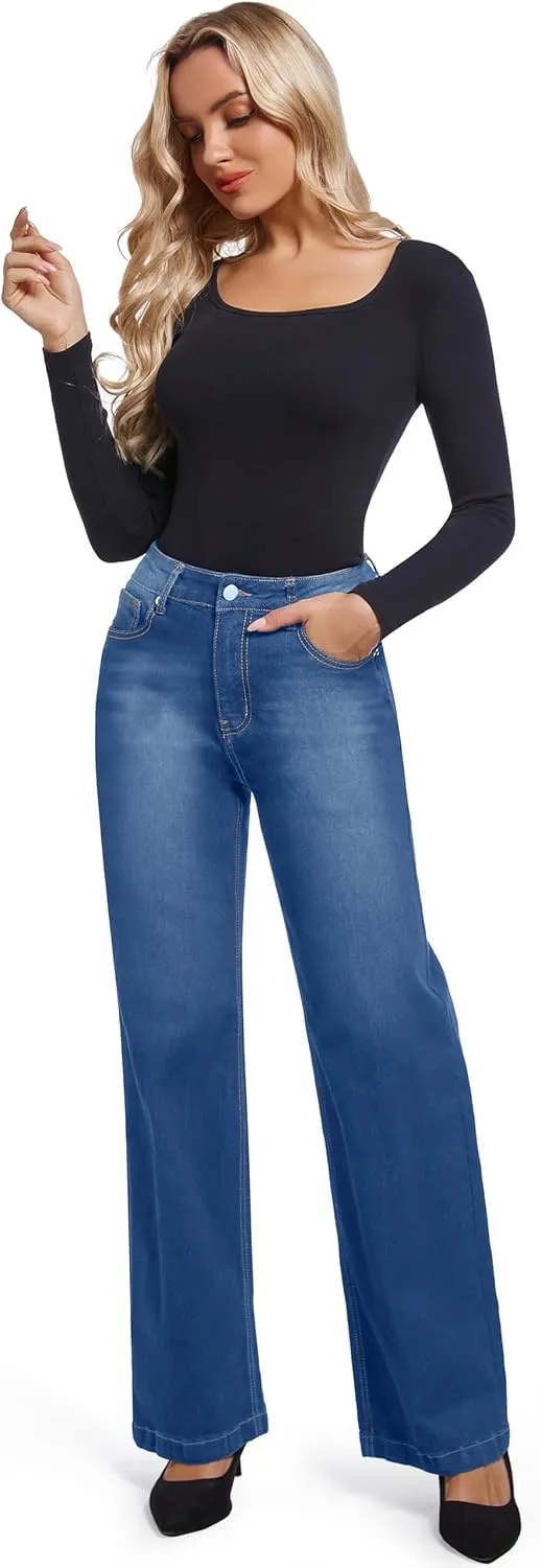 Women's Jeans Straight Leg Casual High Waisted Stretch Trendy Black Pull On Jeans for Women