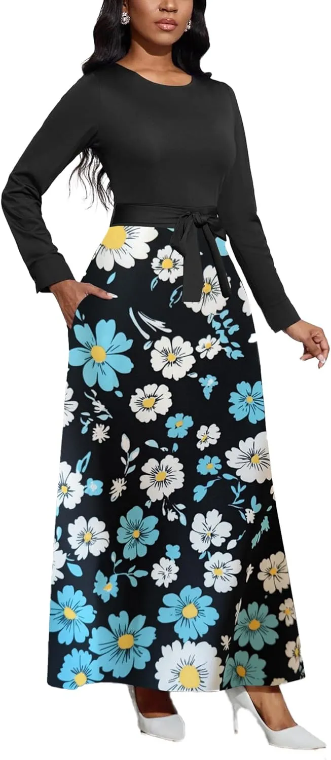 Women's Long Sleeve Crewneck Casual Maxi Dress Belted High Waist Long Dresses with Pockets