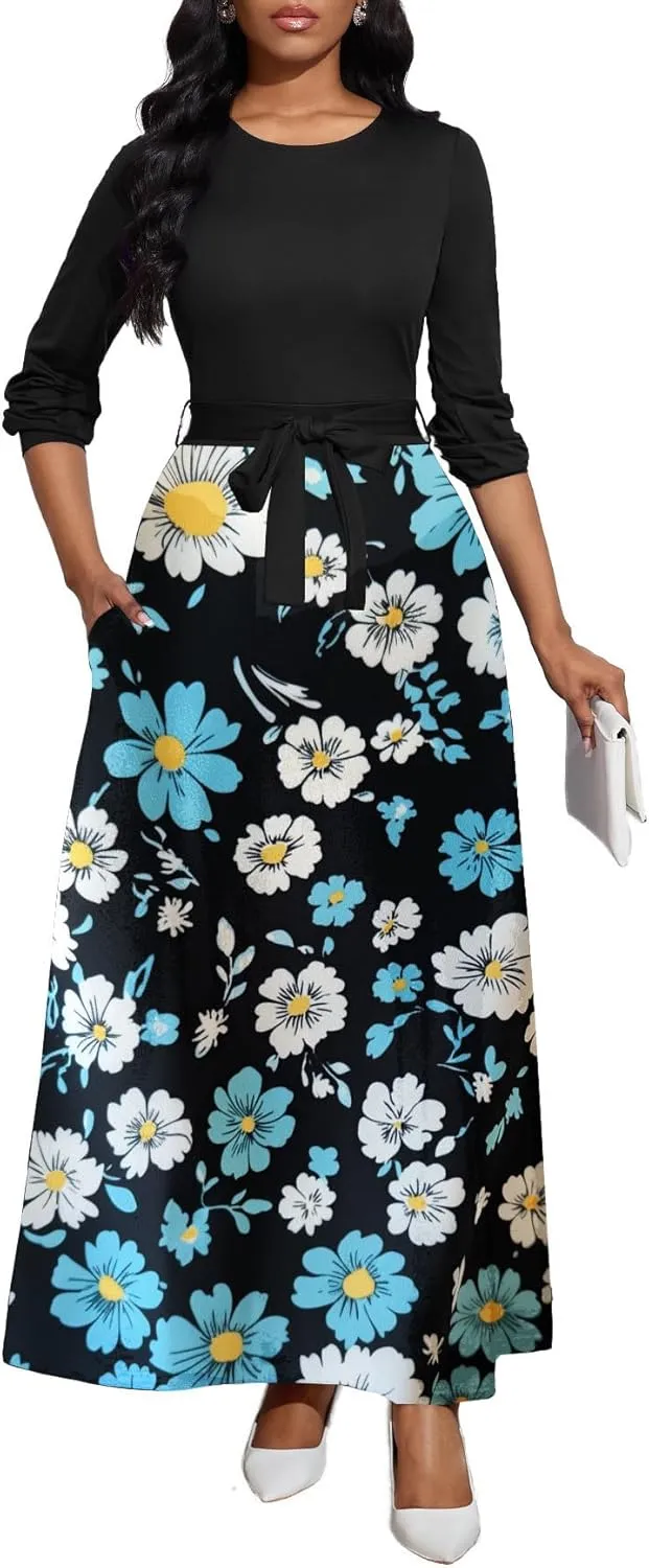 Women's Long Sleeve Crewneck Casual Maxi Dress Belted High Waist Long Dresses with Pockets