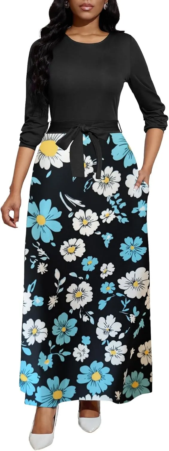 Women's Long Sleeve Crewneck Casual Maxi Dress Belted High Waist Long Dresses with Pockets