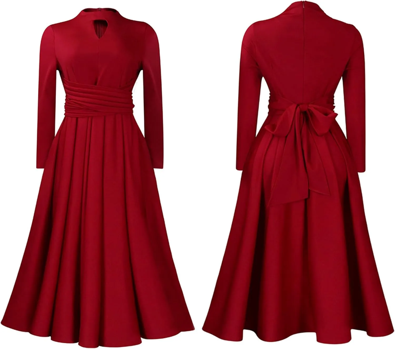 Women's Long Sleeve Maxi Dress High Waist Ruched A Line Swing Cocktail Party Dresses Plus Size