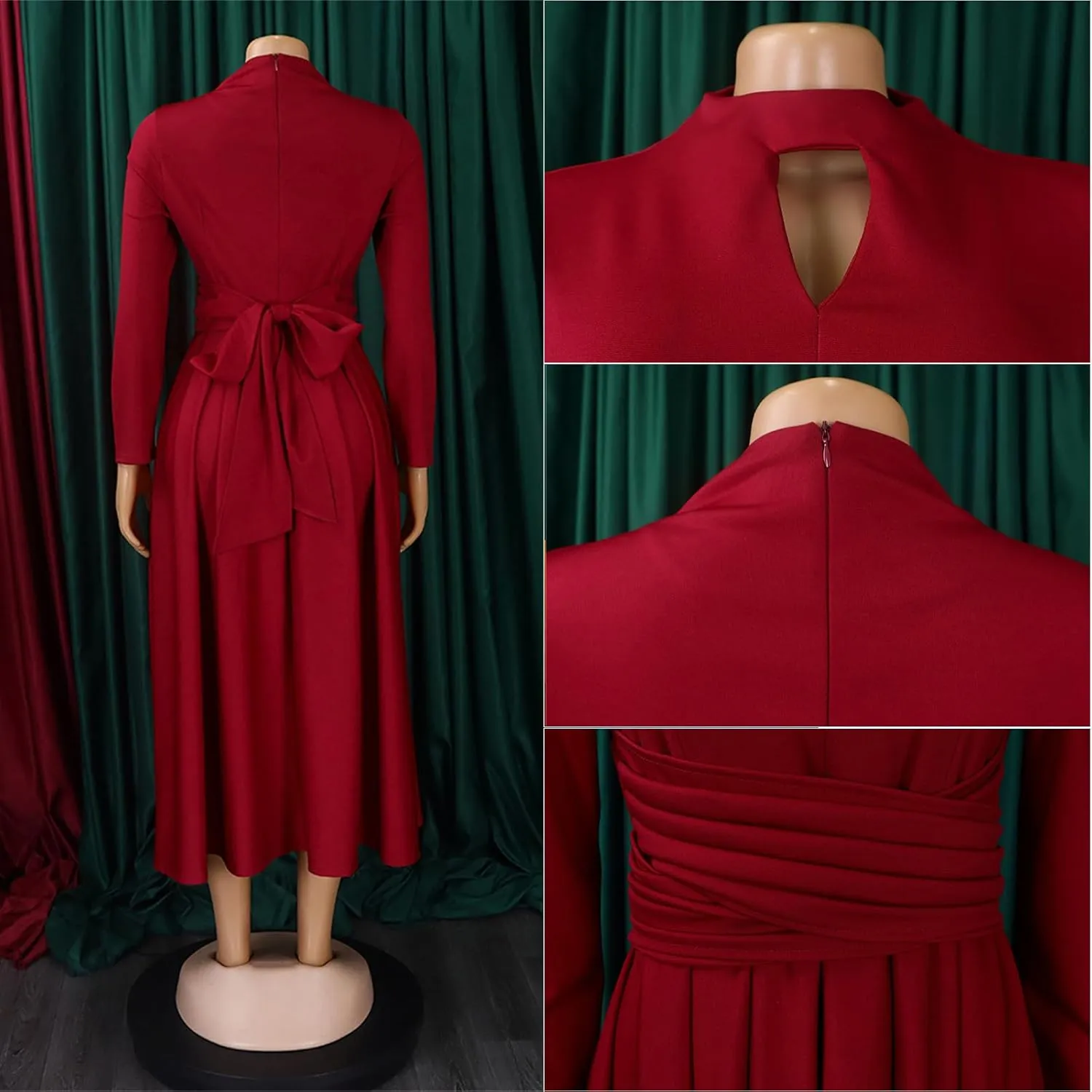 Women's Long Sleeve Maxi Dress High Waist Ruched A Line Swing Cocktail Party Dresses Plus Size