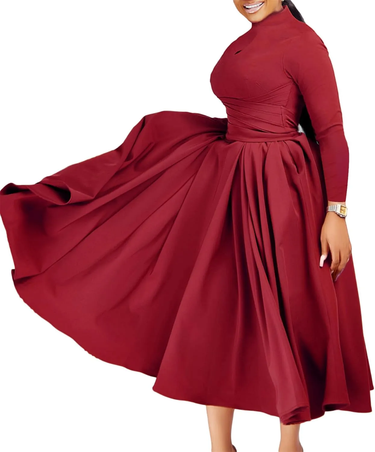 Women's Long Sleeve Maxi Dress High Waist Ruched A Line Swing Cocktail Party Dresses Plus Size