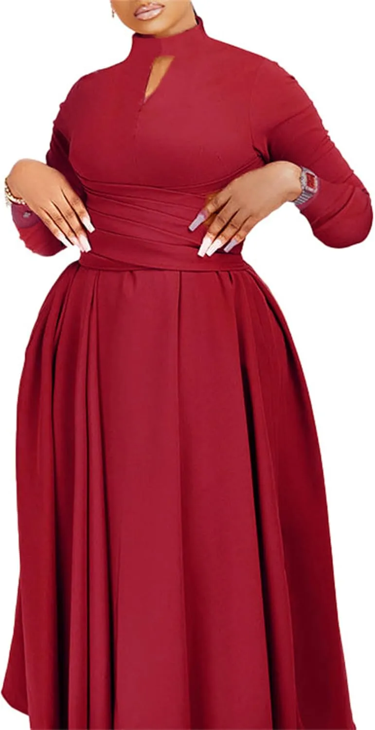 Women's Long Sleeve Maxi Dress High Waist Ruched A Line Swing Cocktail Party Dresses Plus Size