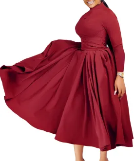 Women's Long Sleeve Maxi Dress High Waist Ruched A Line Swing Cocktail Party Dresses Plus Size