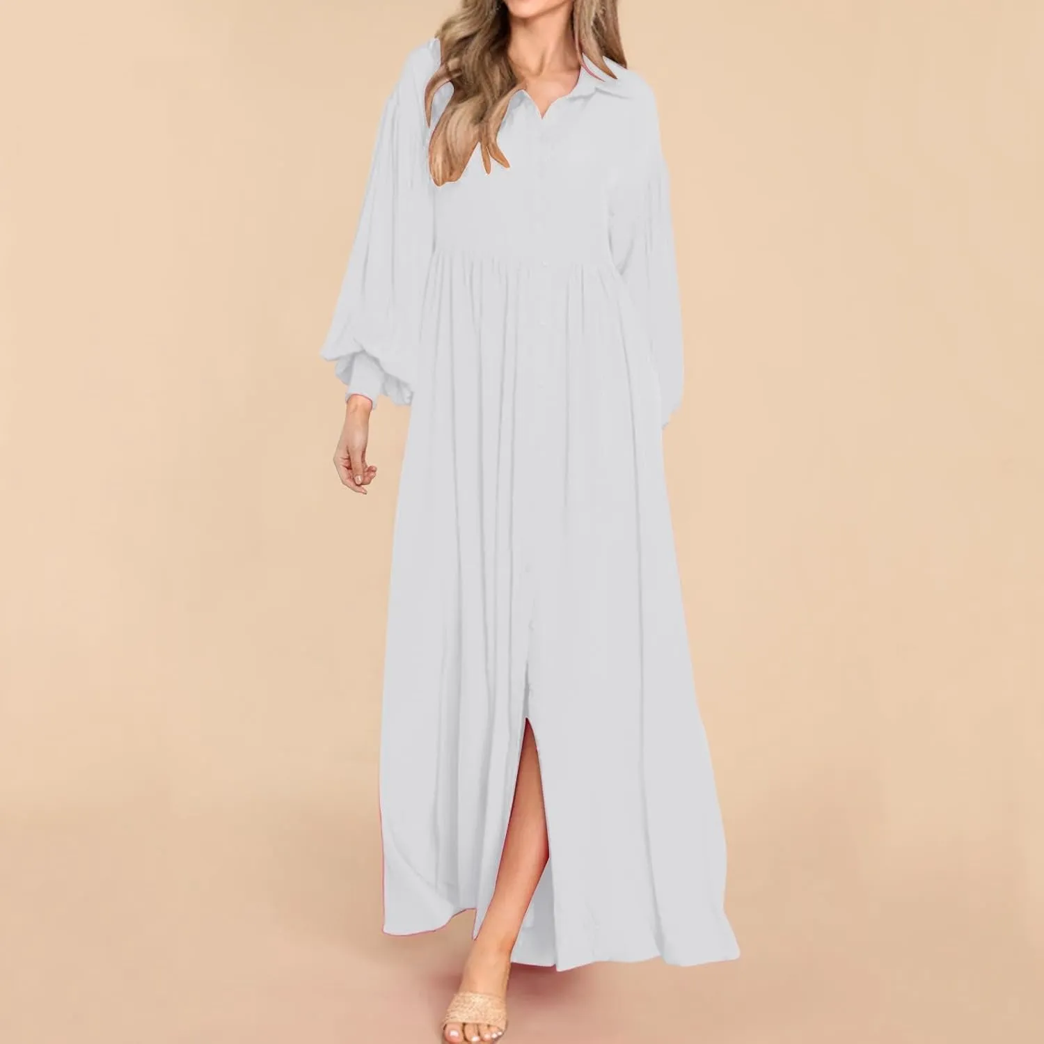Womens Plus Size Button Down Shirt Dress Summer Trendy Lantern Sleeve Maxi Dress Pleated Wedding Guest Dress S-4XL